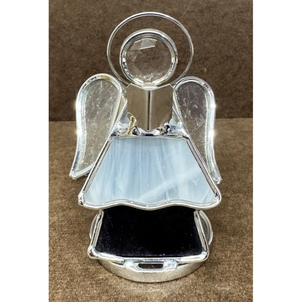 Stained Glass Angel Tealight Candle Holder Glass Wings Silver Frame 4.5”
